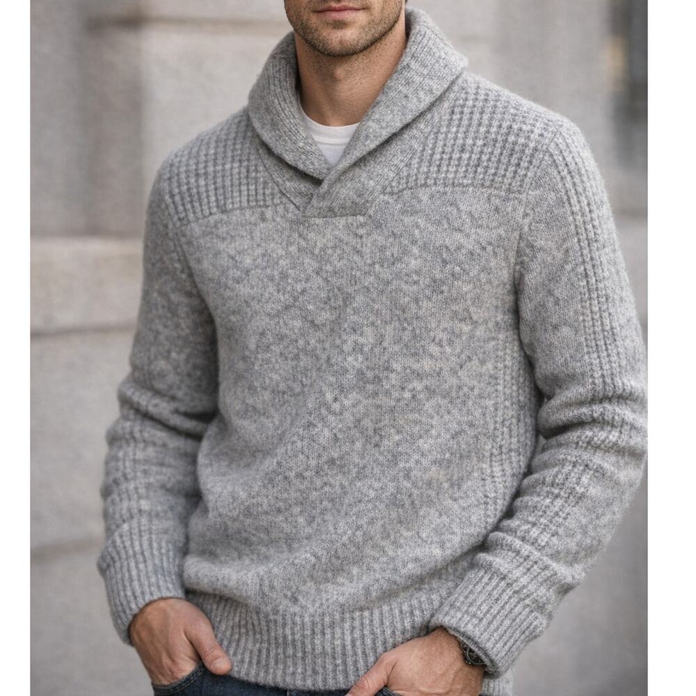 Schott Bros NYC Sweater Mens XL Marl Gray Shawl Collar Wool Blend Cozy Pullover